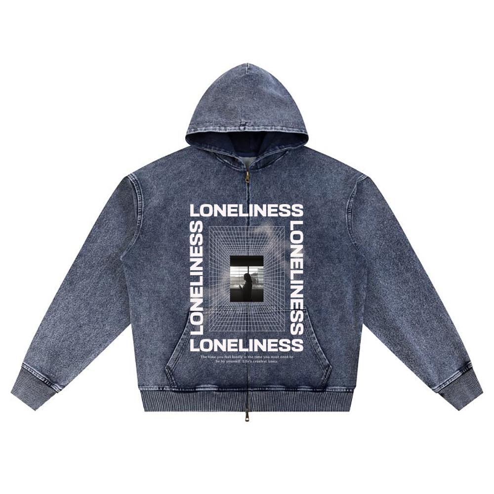 

DTG print Knitted Denim Zip-Up Hoodie Loneliness Brother Print Zipper Hoodies XL