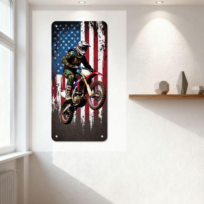 Vintage American Flag Distressed Motocross Rider Metal Tin Sign - Grungy Patriotic Motocross Art for Man Cave Home Decor Wall Pl