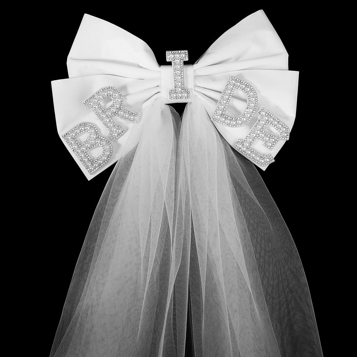 

White Pearl Double Layer Short Bride Veil with Bow - European & American Style Wedding Hair Accessory 80cm-100cm
