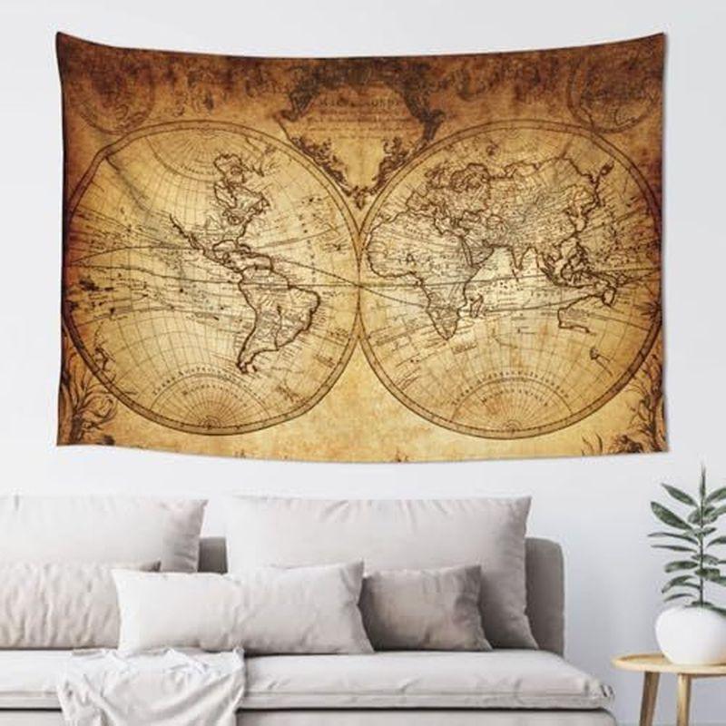 Polyester Vintage Antique World Map Tapestry, Retro Travel Wall Hanging, Living Room Study Bedroom Decor, Gift