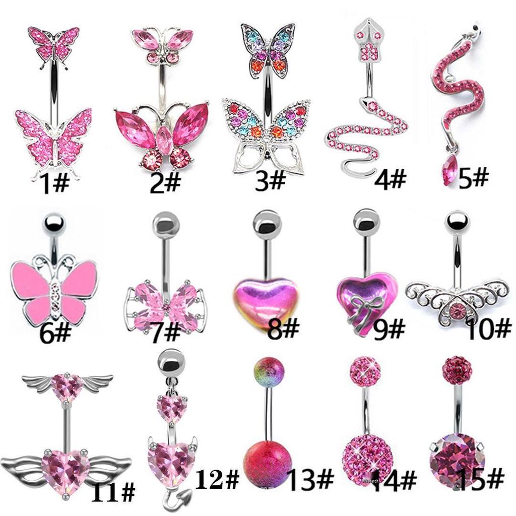 Gatte Pink Butterfly Heart Rhinestone Zircon Rabbit Double Belly Button Ring