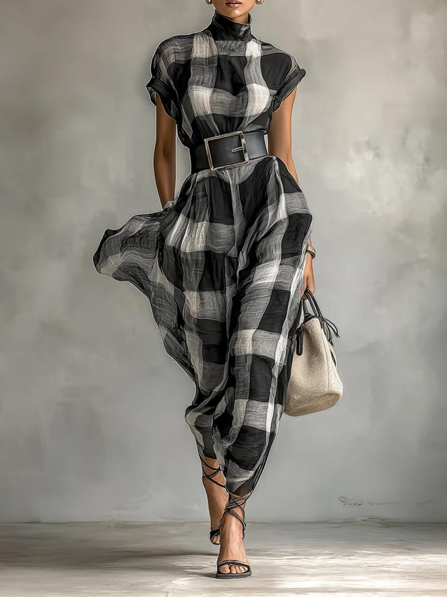 

New European and American retro loose waist turtleneck plaid zipper dress XS