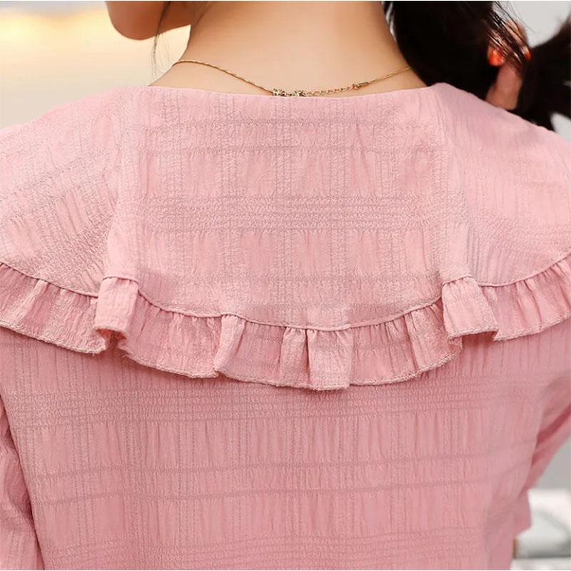 Ladies Short Sleeve Doll Collar Thin Shirt Sweet Bow Top Western Chiffon Shirt