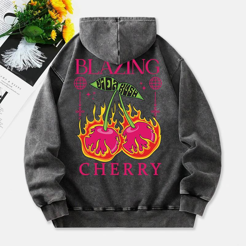 Blazing Cherry Washed Hoodies Women Vintage Prints Cotton Pullovers Distressed Pocket Oversize Hooded Clothes