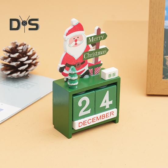 Christmas Wooden Desktop Calendar Santa Snowman Reindeer Tree Perpetual Calendar Wood Display Block Ornament for Home Office Decoration