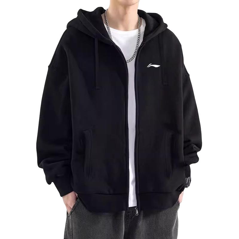 Li Ning Football Series Solid Color Loose Sports Hooded Zip Jacket Sweatshirt Men jackets Black AWDS421-1