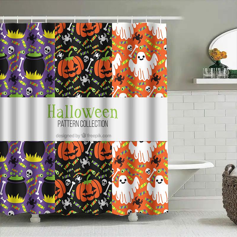 Halloween Pattern Shower Curtain Set For Bathroom Decoration Washable Polyester Fabric With Haunted House Ghost Design In Multip