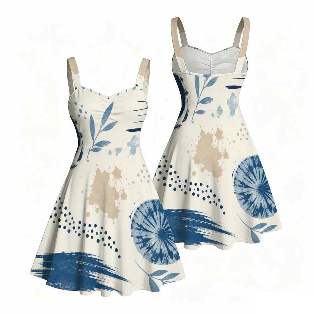 Women Plus Size Sweetheart Neck Strappy Off Shoulder Sleeveless Dress Abstract Printed Blue Beige Flared Hem