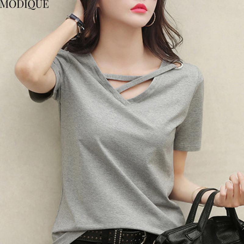 MODIQUE Summer Plus Size New Women's Elegant Minimalist Solid Color T-Shirt Ladies Casual Short Sleeve V-Neck Top