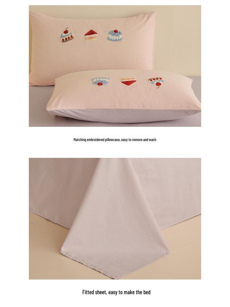 Girly Heart 100S Long-Staple Cotton Brushed 4-Piece Bedding Set with Cute Towel Embroidery Duvet Cover and Bed Sheet