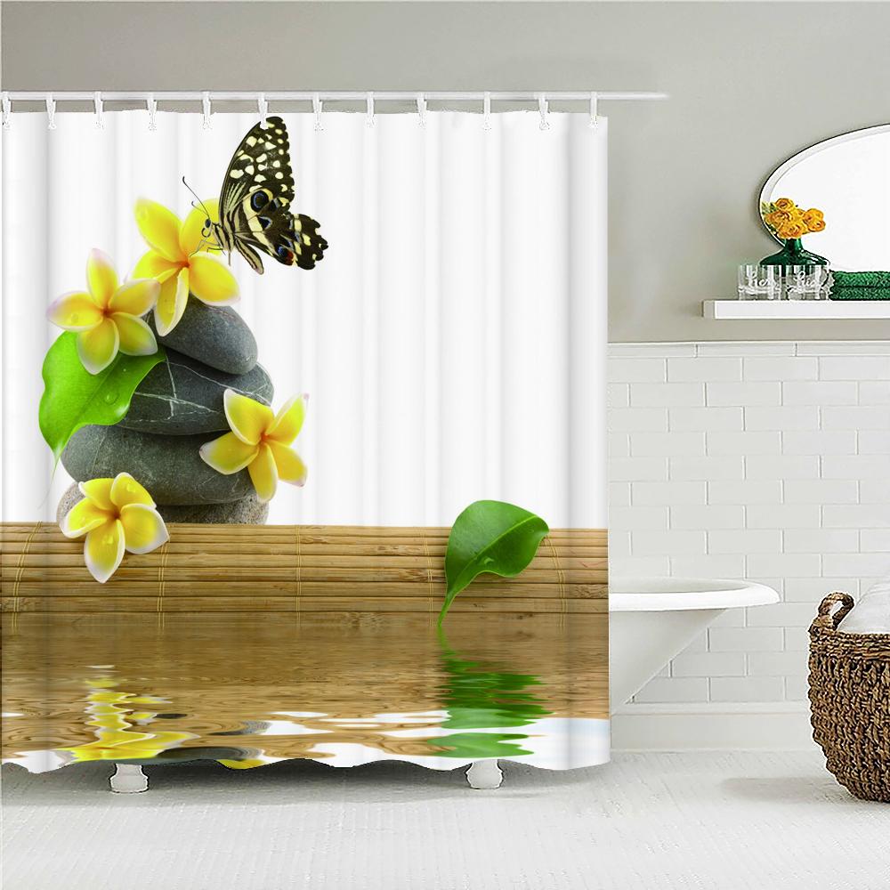 Beautiful Colorful Flower Printed Shower Curtains Frabic Zen Stone Floral Waterproof Polyester Bath Curtain With Hooks 180X180cm