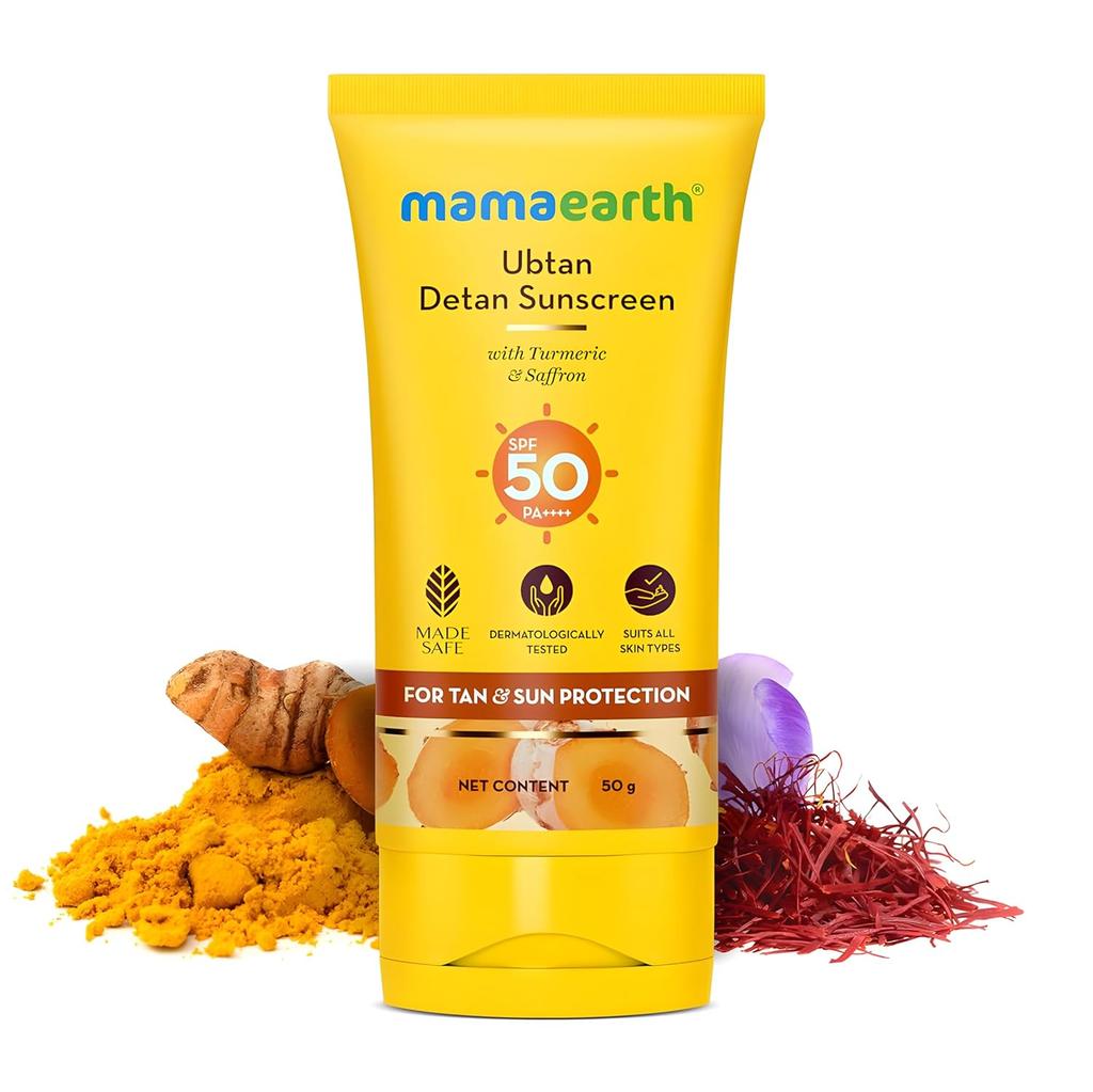 Mamaearth Ubtan Detan Sunscreen SPF 50 PA++++ Non-Greasy Tan Protection for Bright Glowing Skin 50g Lightweight No White Cast