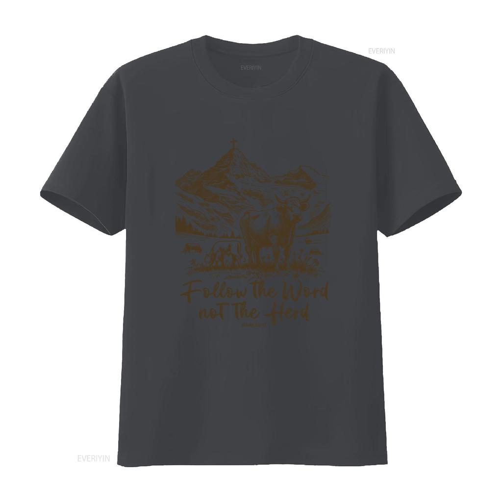 Vintage Western Christian Follow The Word Slogan Mountain Cross Cow Print Casual T Shirt Vintage Washed Versatile Graphic