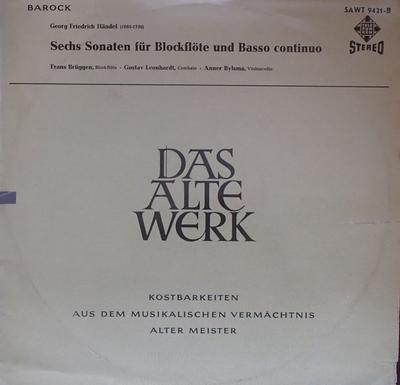 LP Record GEORG FRIEDRICH HÄNDEL - FRANS BRÜG - Sechs Sonaten Fur Blockfloten Und B SAWT9421 Telefunken 1962 Germany Classical Used
