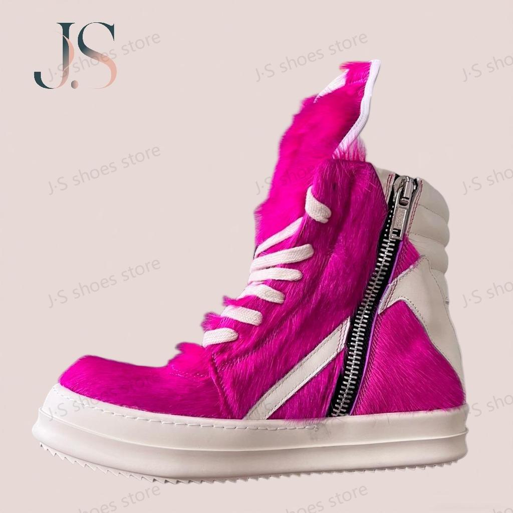 Ro Designer Boots Men Shoe Rose Pink Horse Hair Women High Top Shoes Sneaker Pink Horsehair White Leather Ankle Boot Sneakers