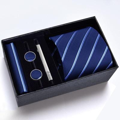 Boîte cadeau cravate formelle pour homme: Ensemble de cinq pièces avec logo, rayé noir 8 cm pour mariages et affaires