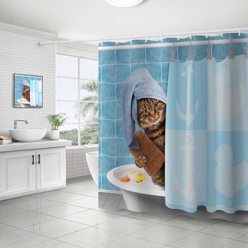 Funny Cat Shower Curtains 72 x 72 inch,Bathing Cat Waterproof Polyester Fabric Bathroom Curtain with 12 Hooks
