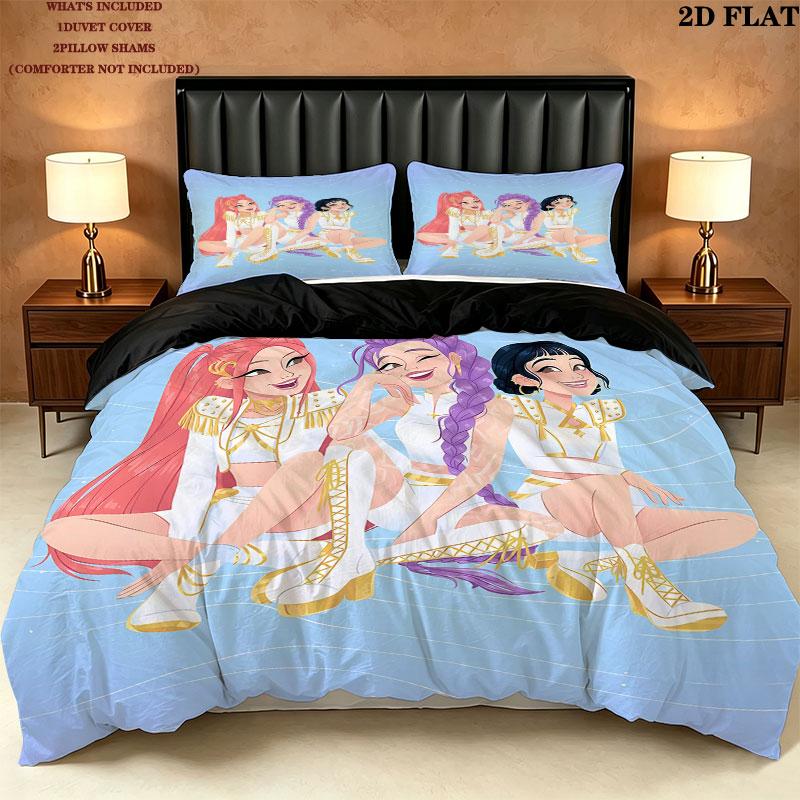 Ensemble de couette Kpop Demon Hunters Motif Housse de couette Taie d'oreiller Maison Cadeau d'anniversaire(1 housse de couette + 2 taies d'oreiller, sans garniture.)
