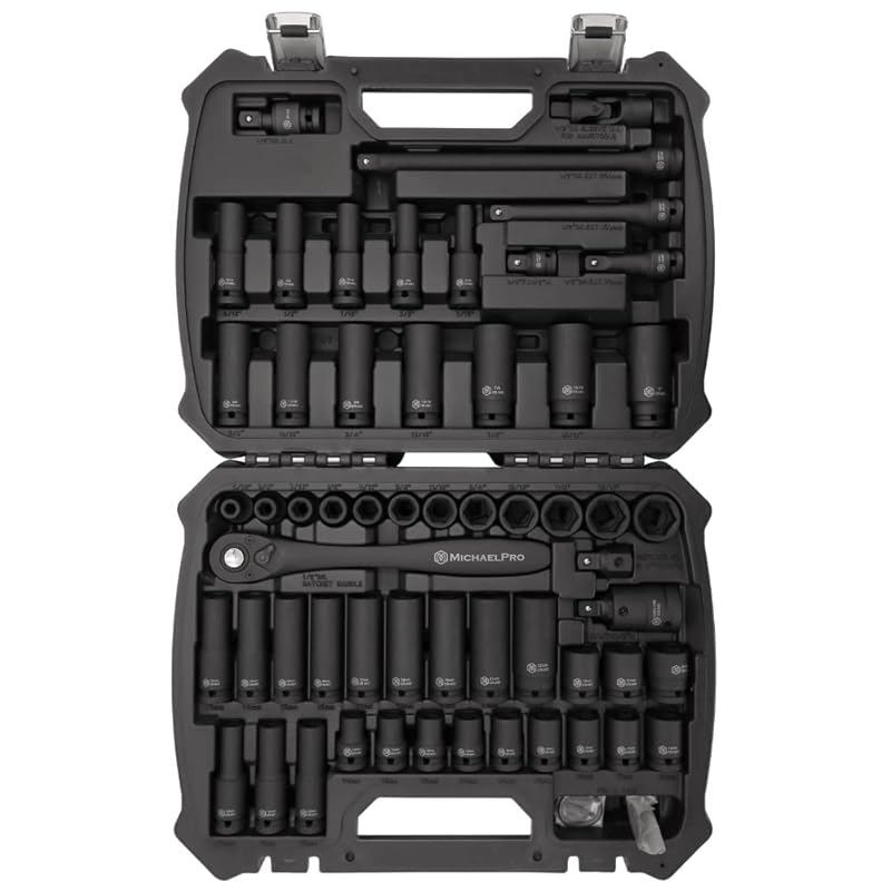 

MichaelPro 60 pieces 1/2 inch drive impact socket set deep & standard SAE & Metric (5/16 inch - 1 , 10-22mm), high torque resistant Cr-Mo steel,