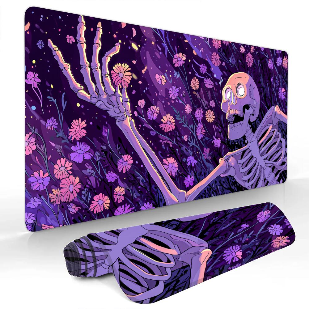 Fantasy Skeleton And Romantic Flowers Mouse Pad Desk Mat Gaming Mats With Stitched Edge Nonslip Computer Mousepad Office Rug