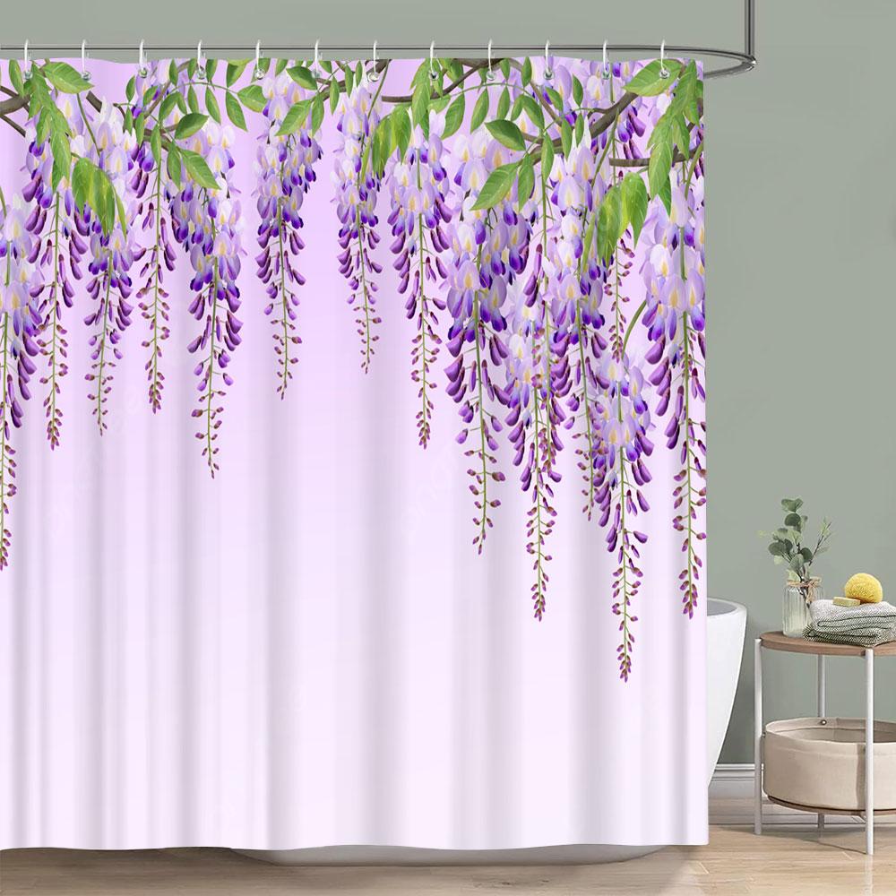 Purple Vineman Botanical Watercolour Shower Curtain Lavender Butterfly Floral Polyester Shower Curtain Bathroom Decor with Hooks