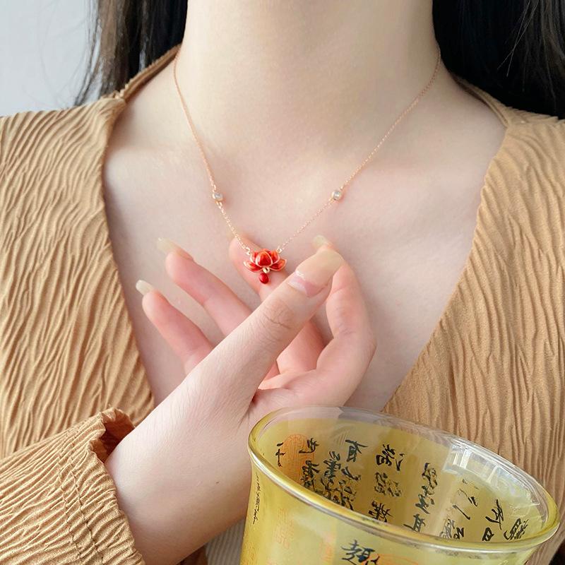 Collar Loto Rojo Mujer Nuevo Chino Alta Calidad Estilo Chino Collar Cadena Adorno