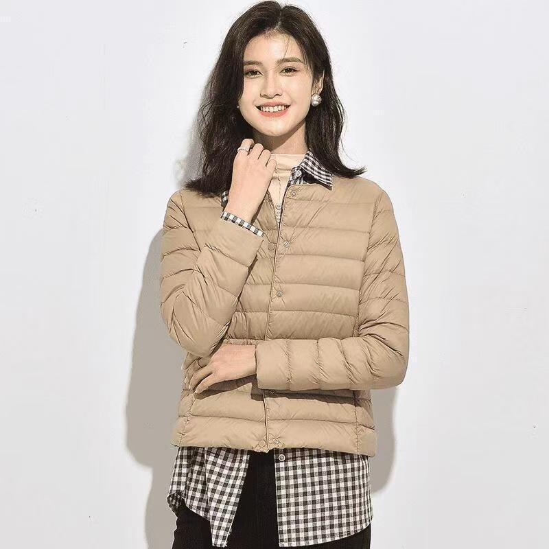 Women's 2025 Lightweight White Duck Down Ribbed Jacket - Warm Round Neck Short Coat