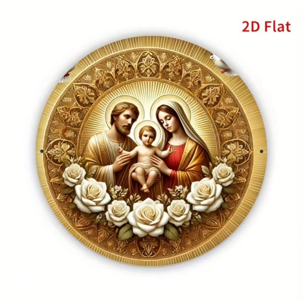 Virgin Mary and Jesus Religious Metal Art Golden Halo White Roses Home Decor Gift 20x20