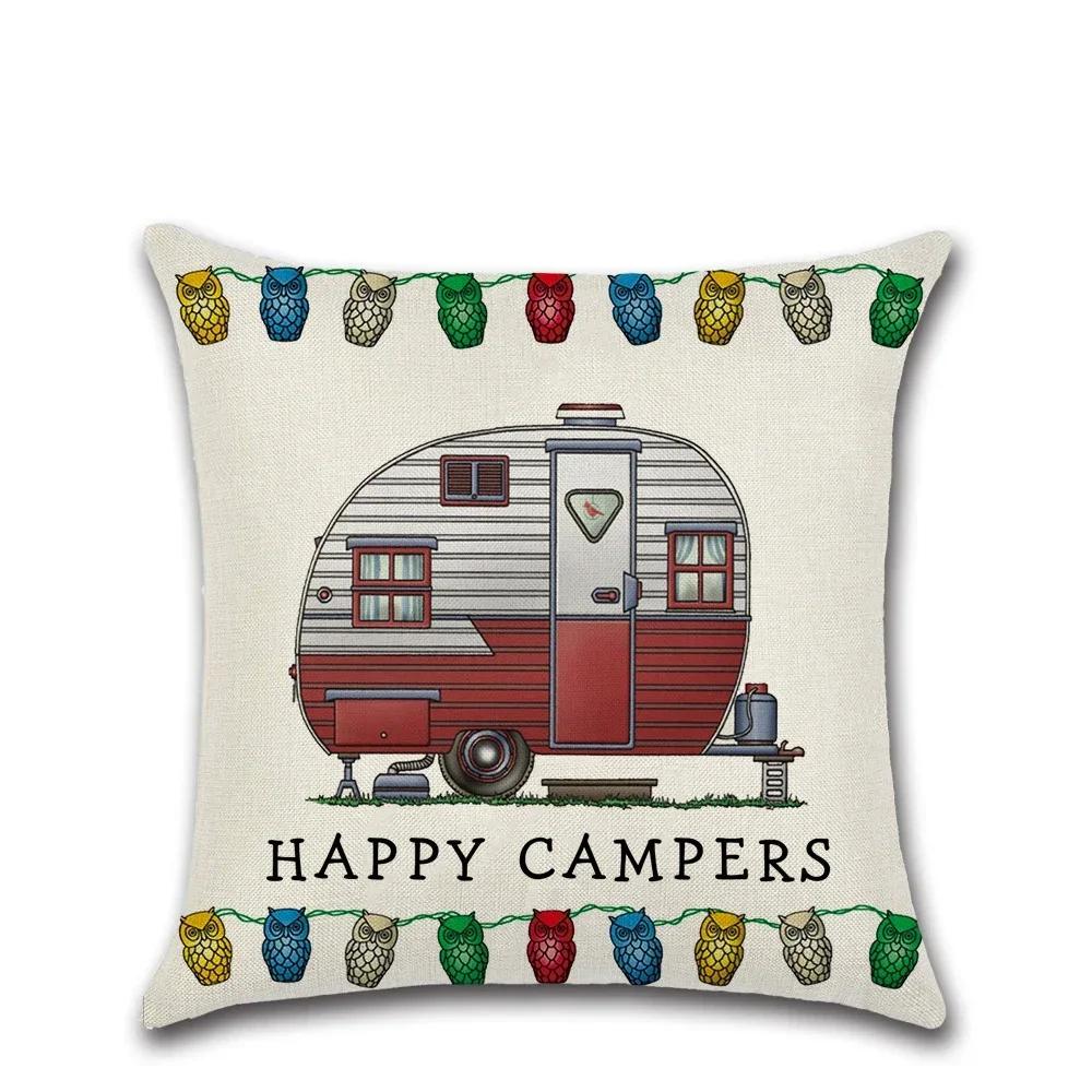 Новые мультяшные наволочки для подушек для караванинга Happy Campers, горячие льняные наволочки, современные декоративные наволочки для диванных подушек для гостиной 16x16Inch