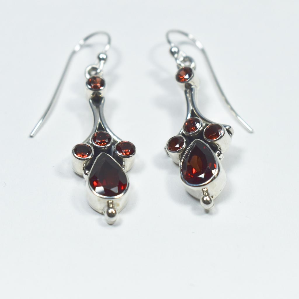 Vintage Garnet Dangle Earrings: Handmade Oxidized 925 Sterling Silver
