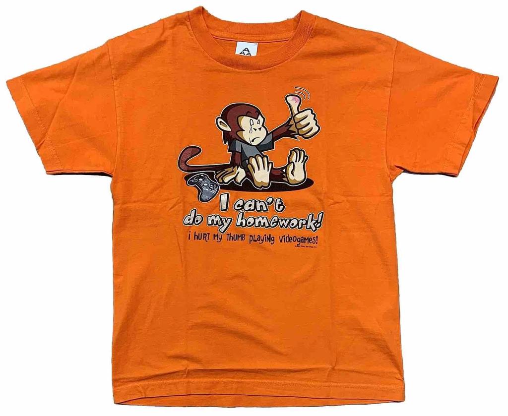 I Can’t Do My Homework! Chimpanzee Video Games T-shirt Kids Size Large Orange