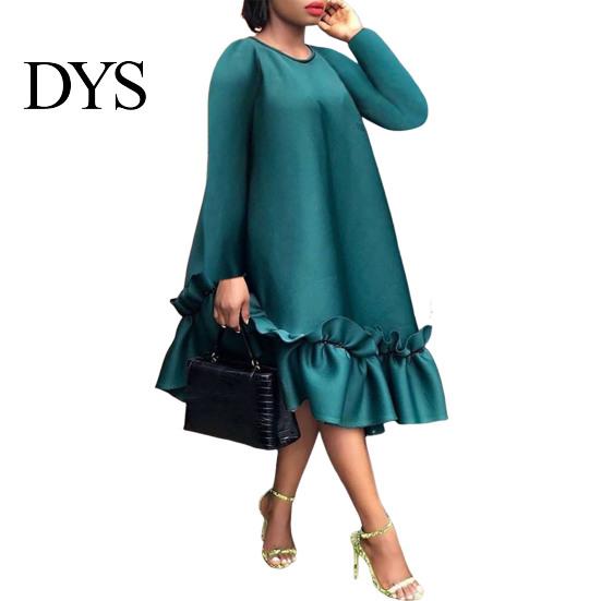 Faltenrock-Kleid Übergröße A-Linie Rüsche Knielang Einfarbige Midi-Länge Damen Ärmel O-Ausschnitt Breite Taille für Verabredungen Formelle Bankette Partys Frühling