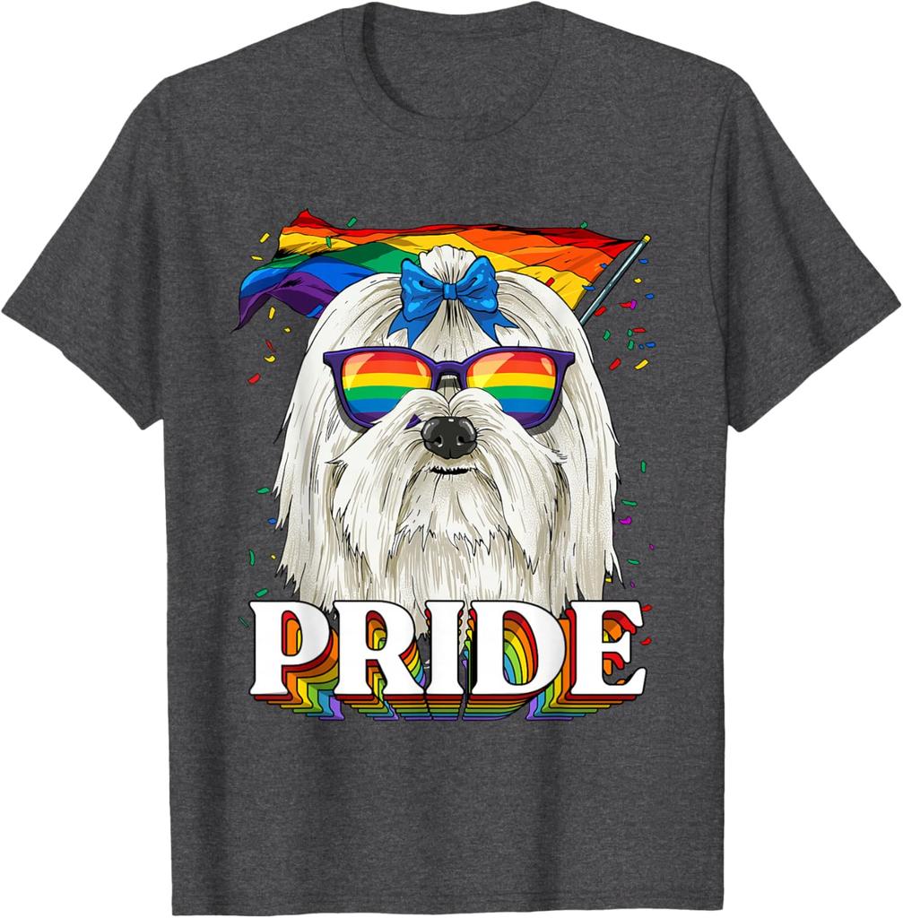 Maltese Dog Pride LGBTQ Rainbow Flag Sunglasses Graphic Tee Casual Cotton T-Shirt