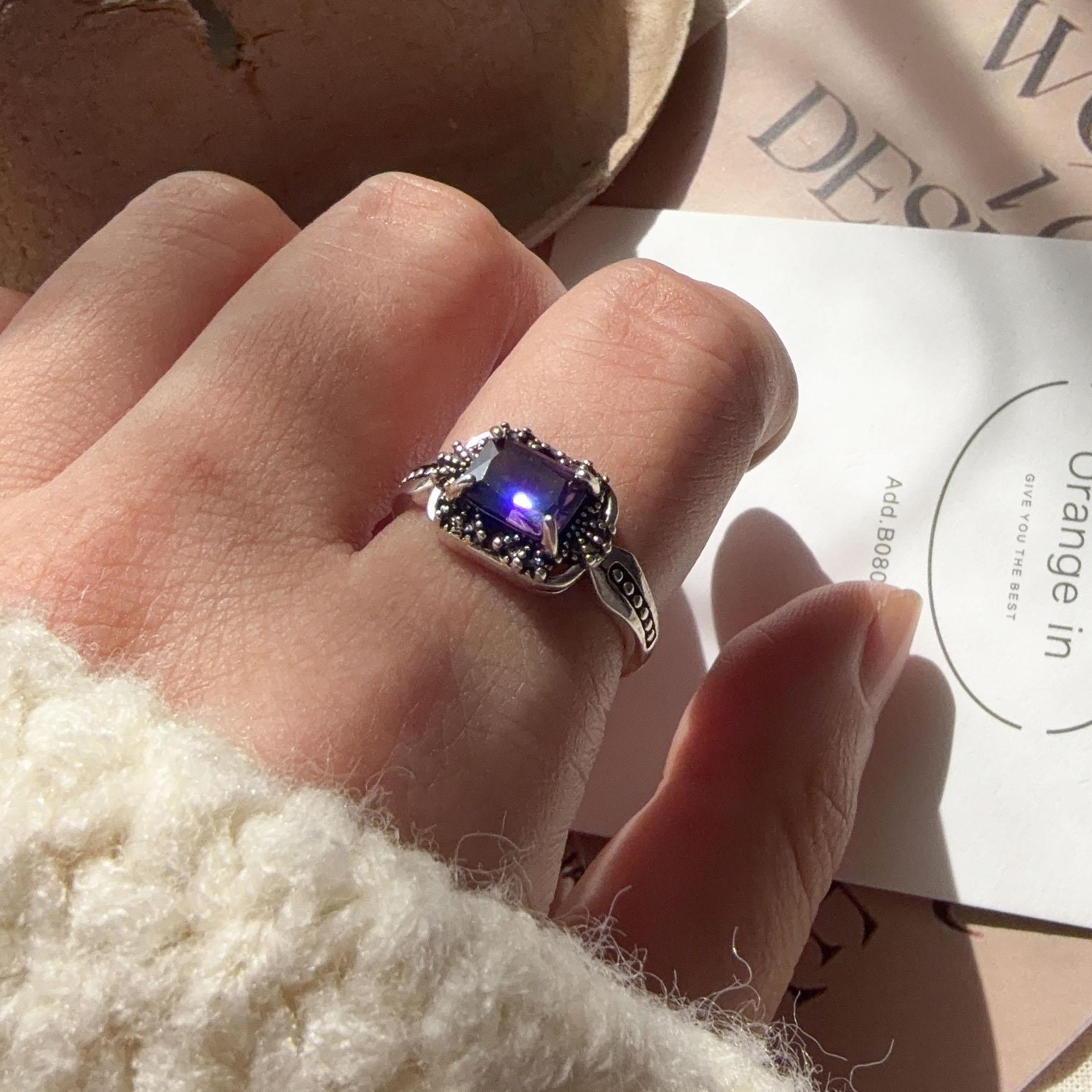 

925 Sterling Silver Rings For Women Geometric Fine Jewelry Finger Adjustable Vintage Blue Stone Ring For Party Birthday Gift resizable