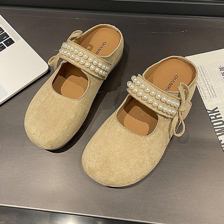 Retro Slippers New Summer Outer Wear Bow Beaded Round Head Flat Bottom Lazy One Pedal Slippers Women