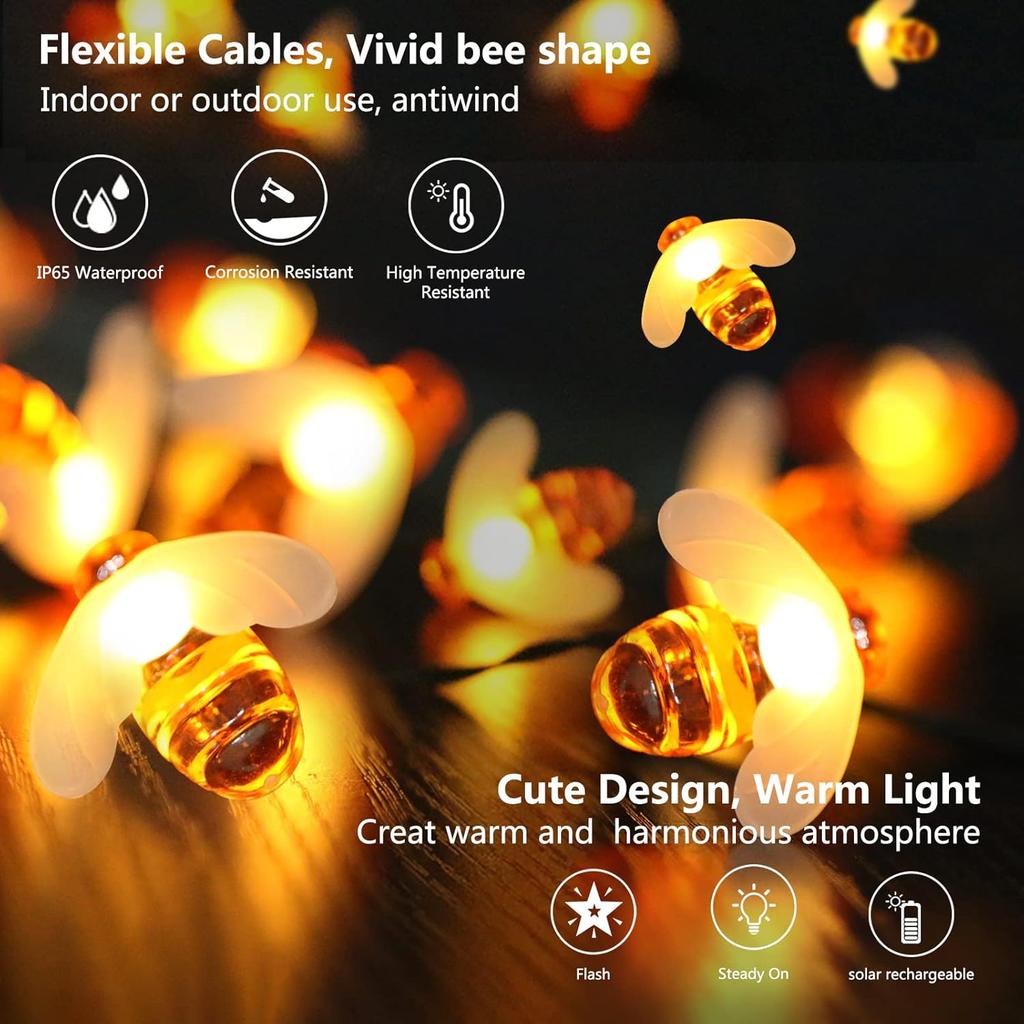 2Pack Solar Bee String Light Each 5M 20 LED Solar Fairy Light Cute Honeybee Lamp Outdoor Waterproof For Garden Decor Patio Party