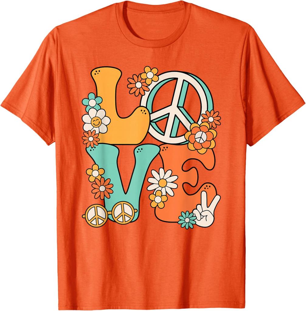Hippie Love Peace Groovy Flowers Retro 70s Style Graphic Print Cotton T-Shirt Unisex Trip Casual