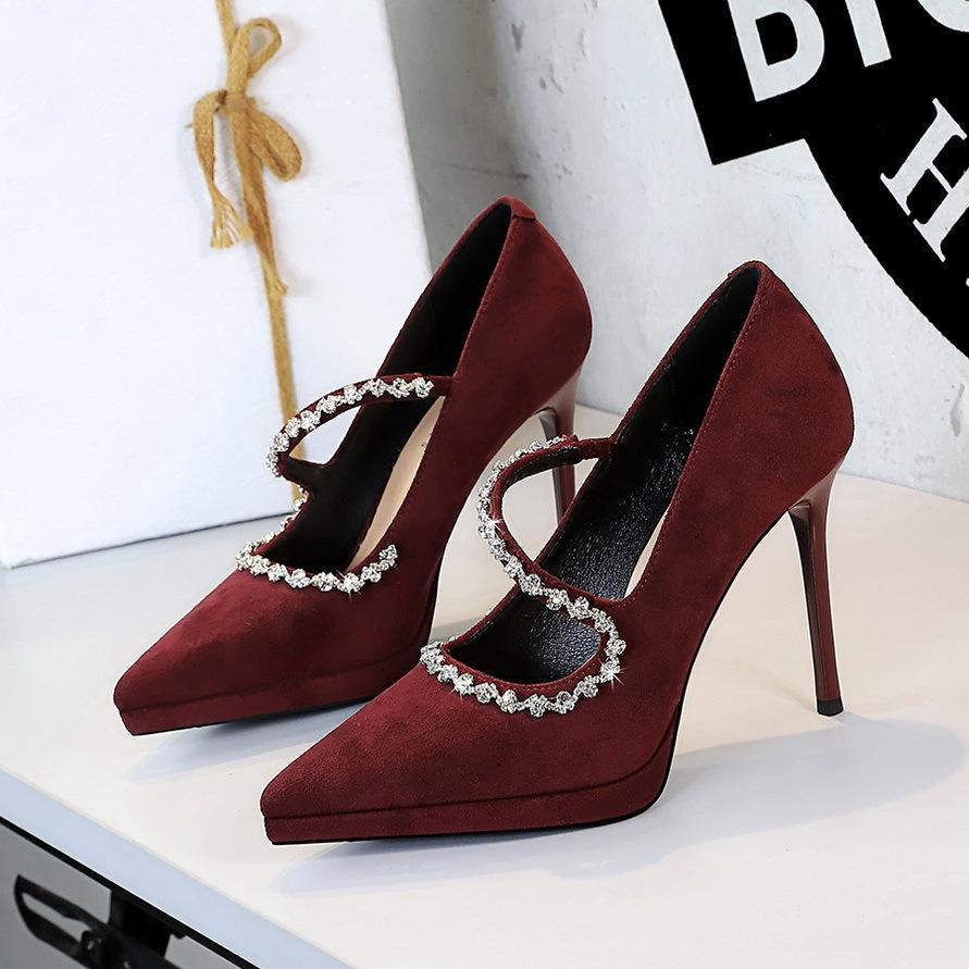 Fashion High Heels 10.5cm Women's Pumps Stiletto Suede Pointed Toe Waterproof Platform Ladies Banquet Rhinestone Decoration Single Shoes
