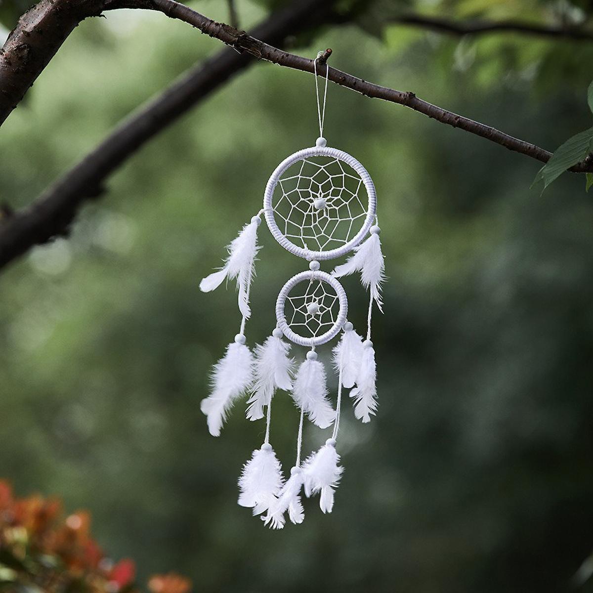 

Boho Double Loop Dreamcatcher - Silk Thread Wall Art with Feathers, Car & Room Pendant