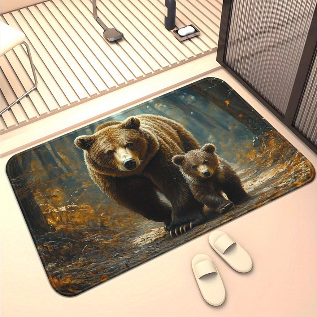 1pc Bear & Cub Rug – Realistic Forest Scene, Nature-Inspired Decorative Mat for Living Room & Entryway
