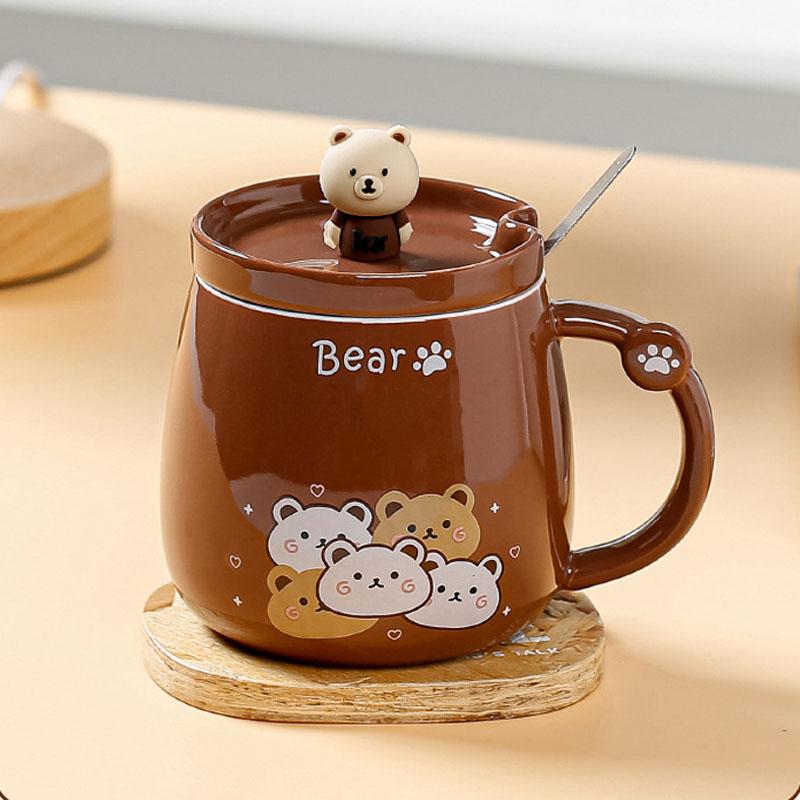 Cute Bear Mugs With Lid Spoon For Women Ceramic Mug Kid Cartoon Milk Mug Coffee Cup Tea Cup Birthday Christmas Gift