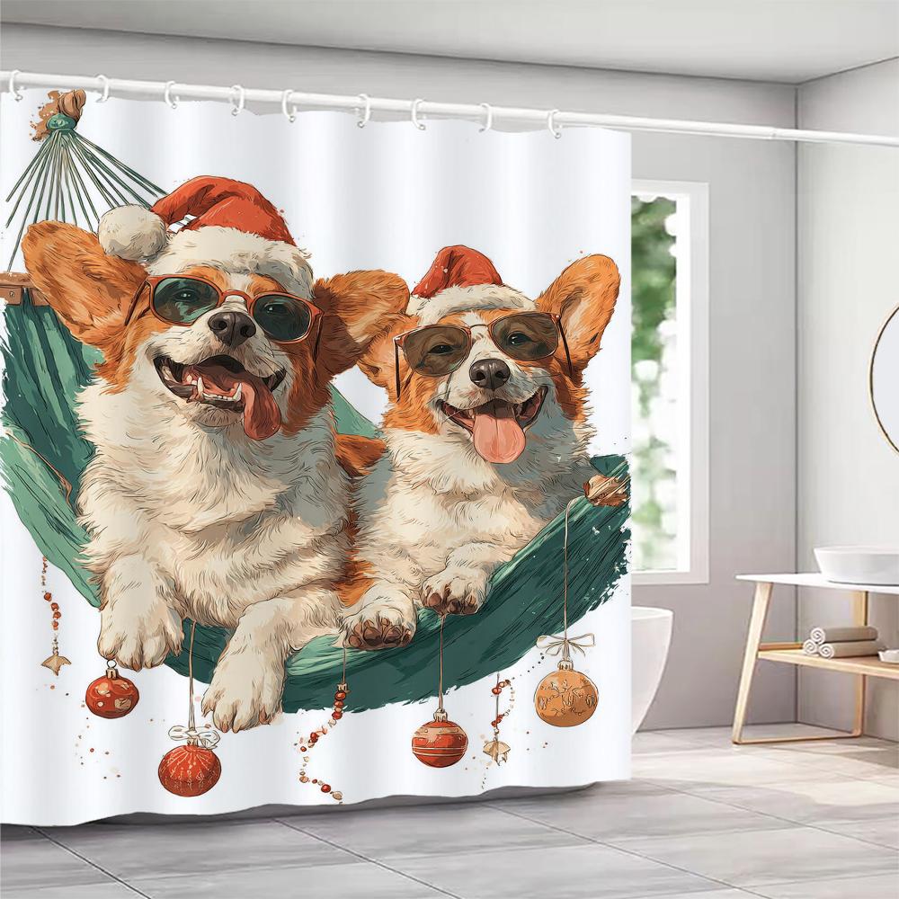 Liebevoller Weihnachts-Duschvorhang für Katze und Hund mit Haken Weihnachts-Duschvorhang Zuhause zum Drucken Weihnachtsdekorationsvorhang