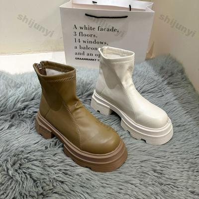 Stivaletti con plateau alla moda da donna in ecopelle con suola spessa Stivali da combattimento Donna Punta quadrata Slip-on Stivaletti corti chunky Mujer