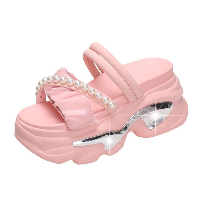 

Мода Мода Жемчужные Массивные Сандалии на Платформе Женские Нескользящие Шлепанцы на Танкетке Женские Летние Толстая Подошва Sandalias Mujer Высокое Качество 34 розовый