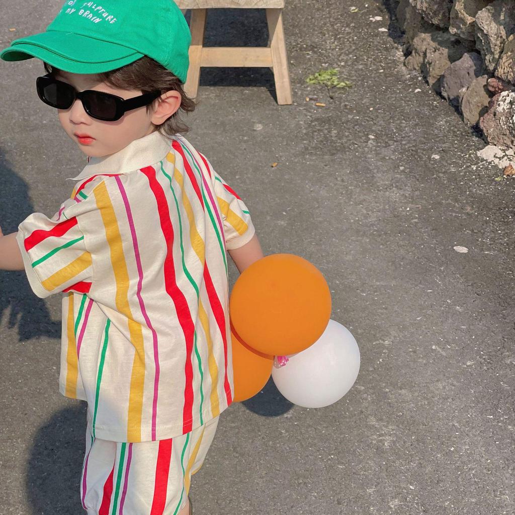 Koreaanse Broer/Zus Gestreept Gebreid Setje: Polo Jurk voor Meisjes & Korte Broek Set voor Jongens