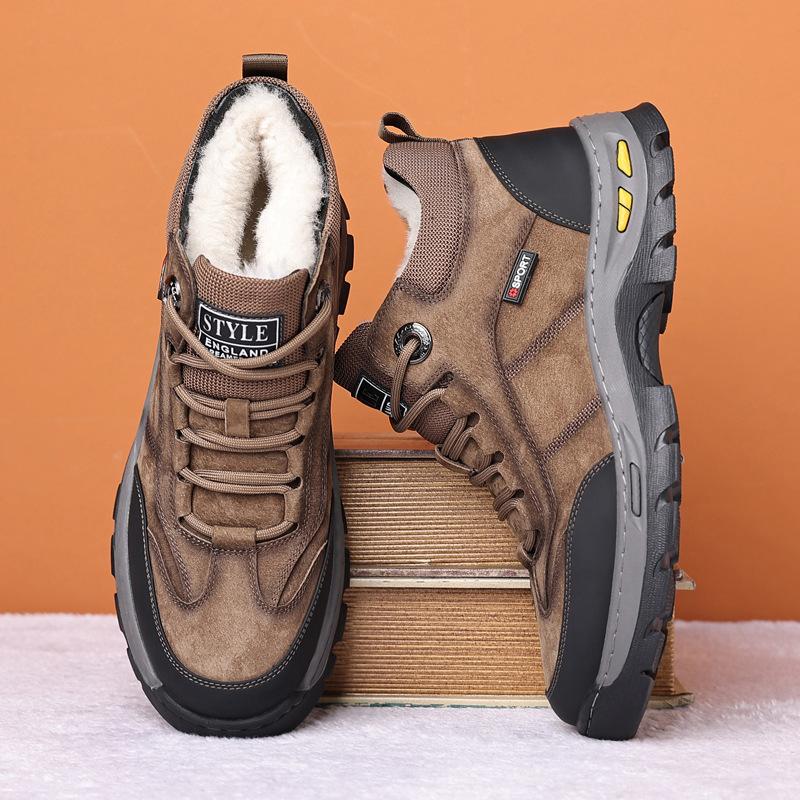 High top casual cotton leather shoes for men  cotton shoes with plush insulation and thickened outdoor cold proof snow boots