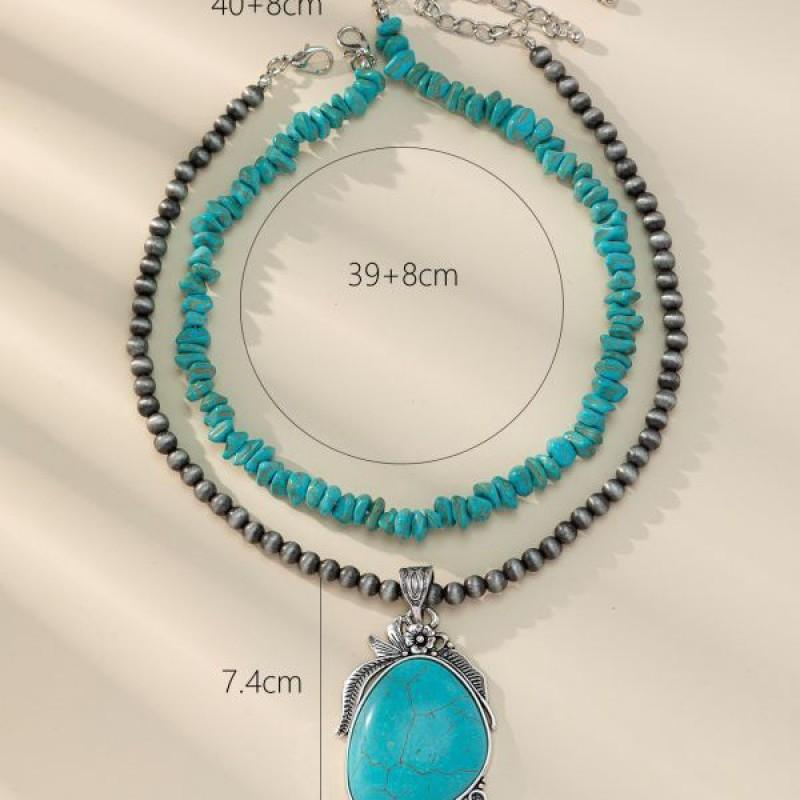 Boho Vintage Turquoise Chip Bead Layered Necklace Ethnic Style Alloy Pendant Chain Women Men