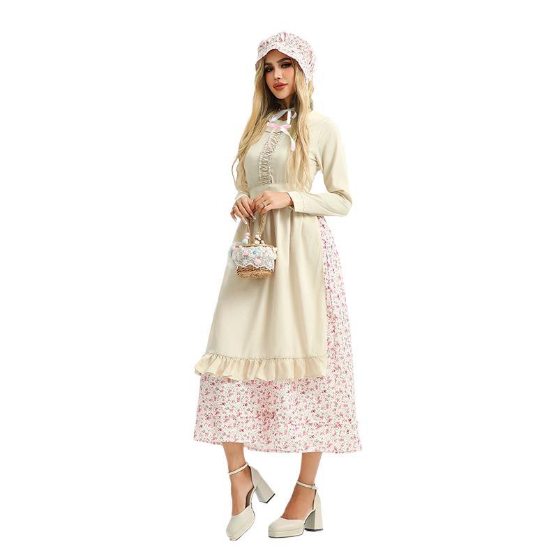 Adult Halloween Costume Dress, Floral Print, Three-Piece Set (Headscarf, Apron, Dress), Polyester, Sizes M-XL