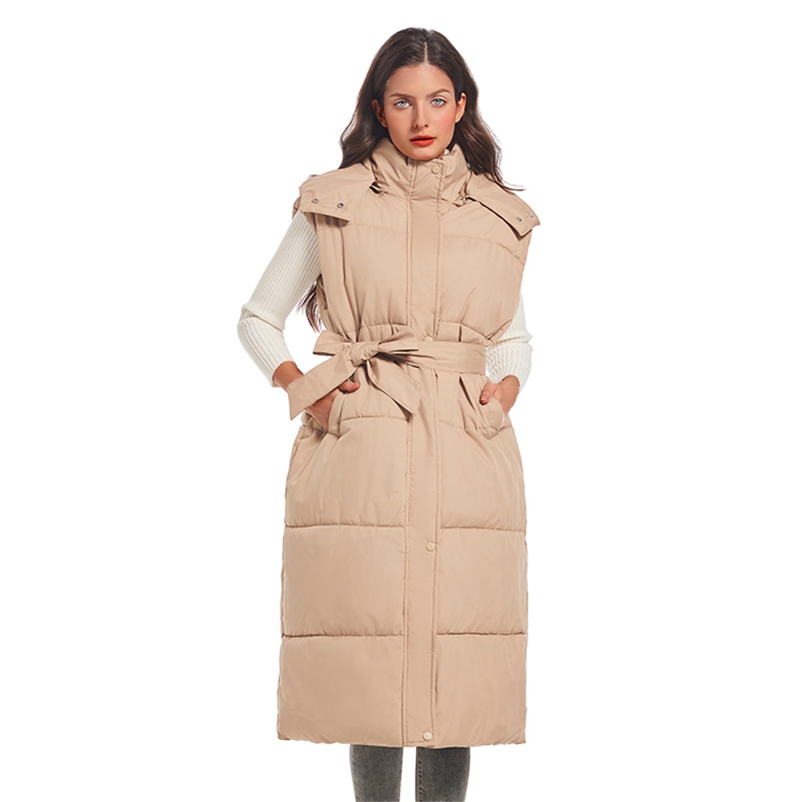 

Женские длинные пуховые жилеты без рукавов с капюшоном на молнии с поясом, стеганое пальто с подкладкой, верхняя одежда XL хаки
