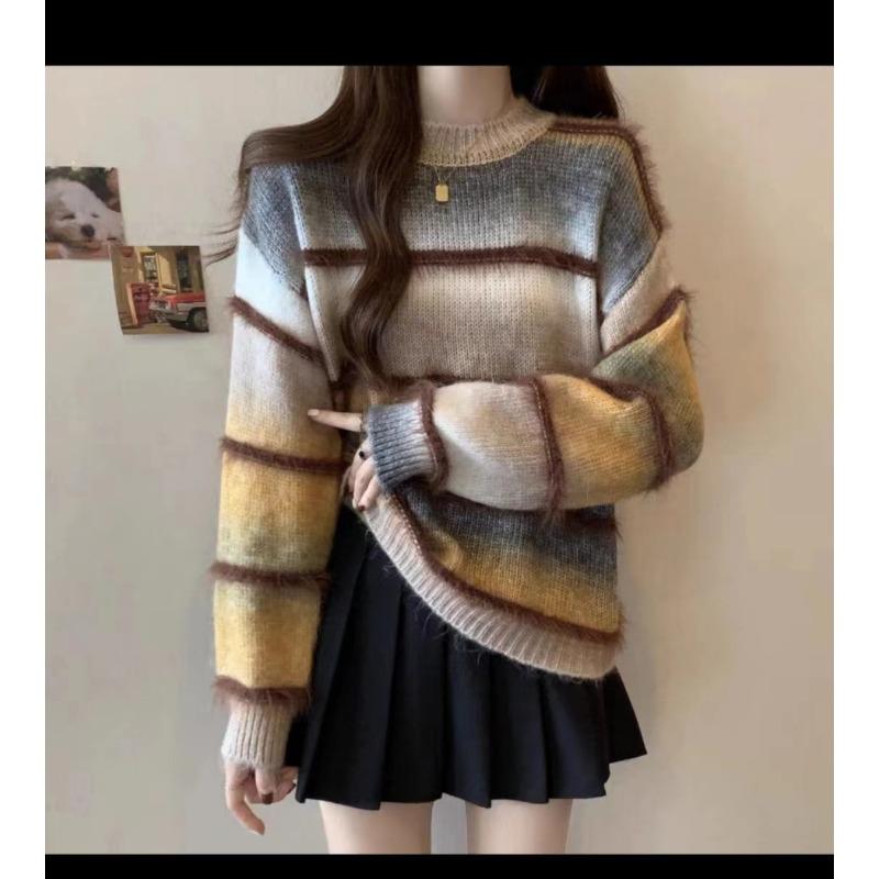 Autumn and winter new fashion gradual change color colorful fringed loose version thin versatile sweater knitted sweater top women